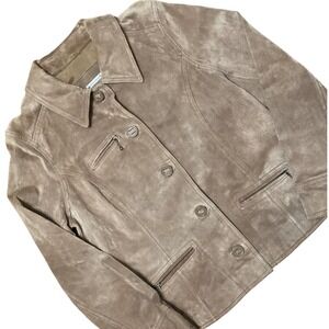 i.e. relaxed Tan Brown Suede Leather Jacket Womens Medium Button Front Zippered